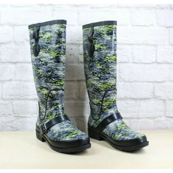 LL Bean Wellie Mariner Blue Camouflage WP Knee High Rain Boots Size 7 M - Picture 3 of 9